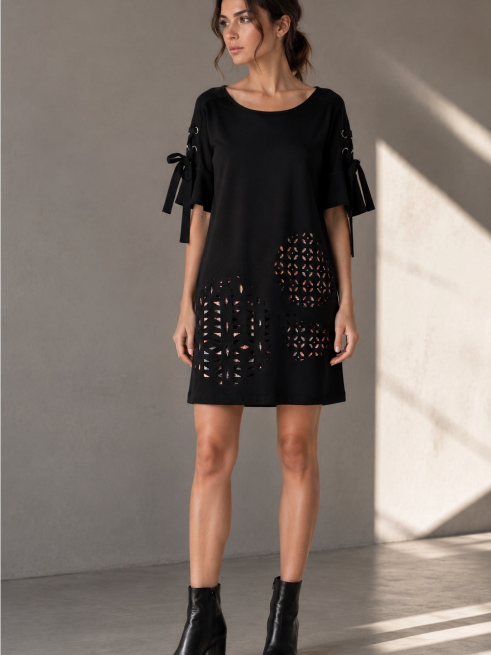 Desigual Alma Dress L Black Laser Cut Colorful Lined Shift Tunic Art Designer